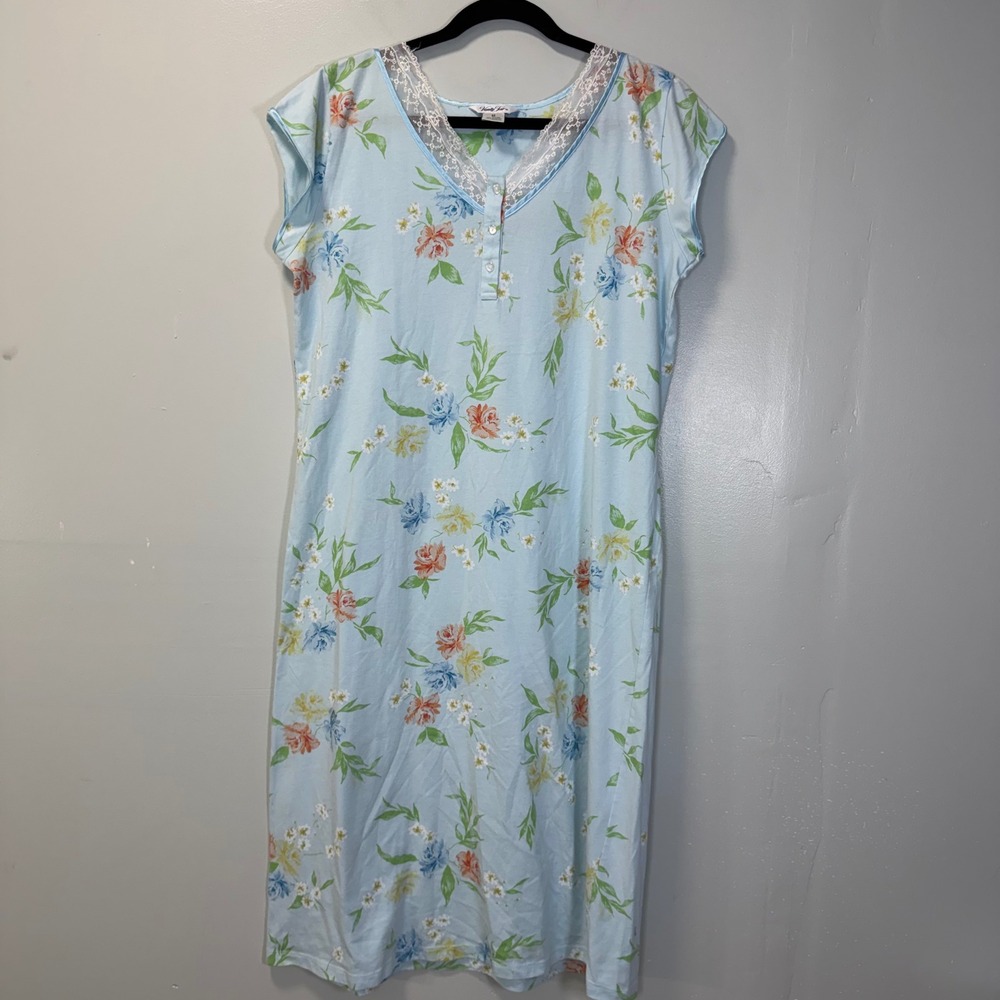 Vanity Fair Women Blue Floral Lace Trim Short Sleeve Nightgown M 08-30-338